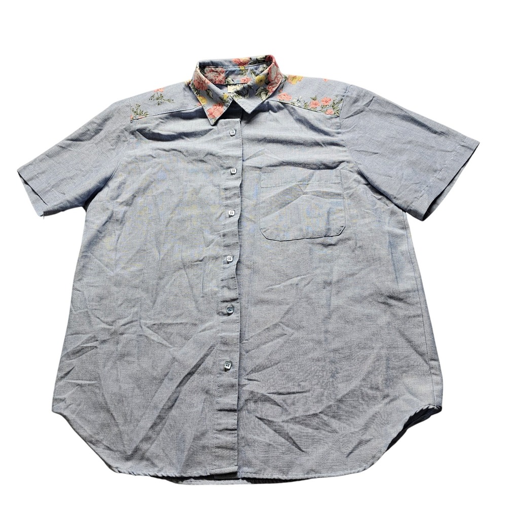 Alfred Dunner Floral Yoke Button Up Shirt Womens 12 Blue Short Sleeve USA Made